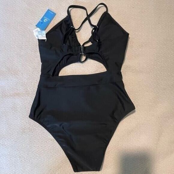 Cupshe Women One Piece Swimsuit L Black Cutout High Waist Crisscross Back Cheeky - Picture 4 of 9